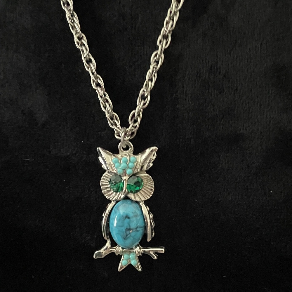 Charming Silver Owl Necklace with Blue and Green Gems